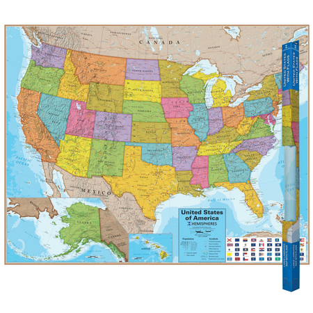 ROUND WORLD PRODUCTS Hemispheres Blue Ocean Series USA Laminated Wall Map, 38in x 48in HM02